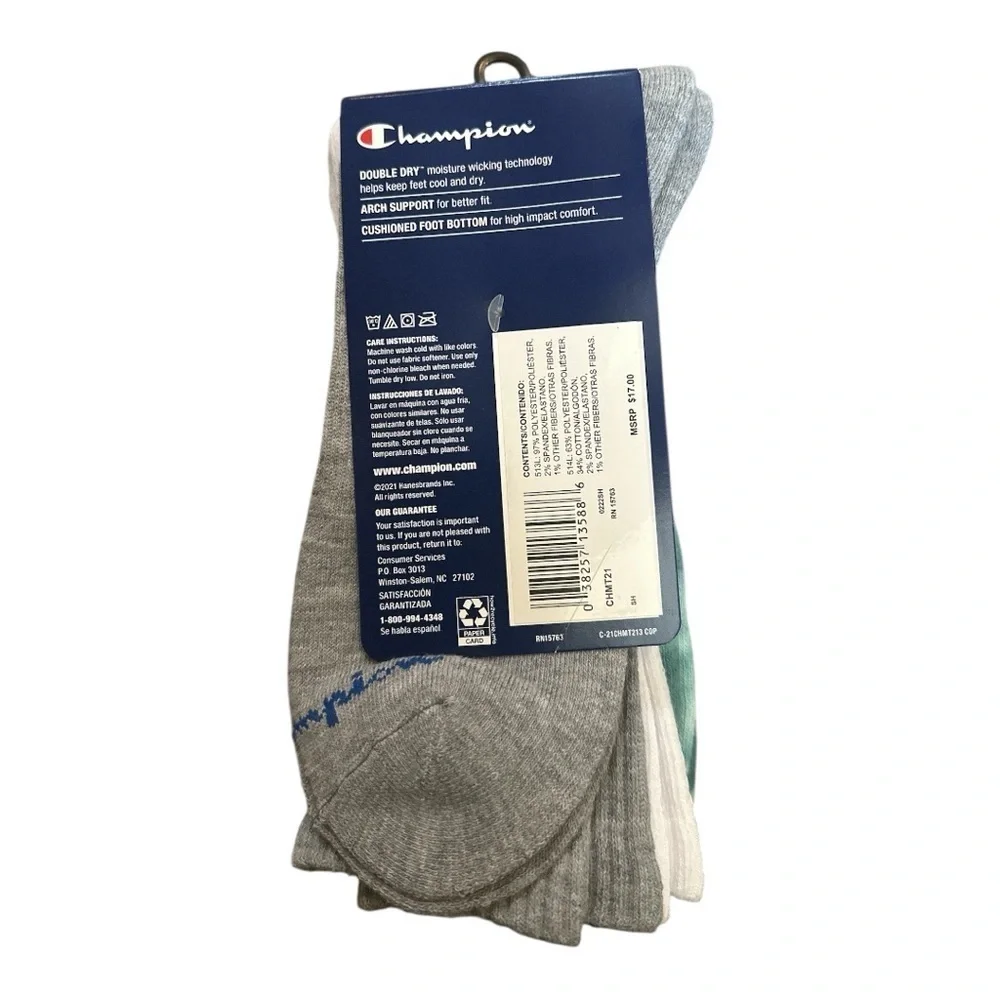 Champion Men’s Crew Socks 3-Pack – Tie Dye, White & Gray, Size 6-12, NWT
